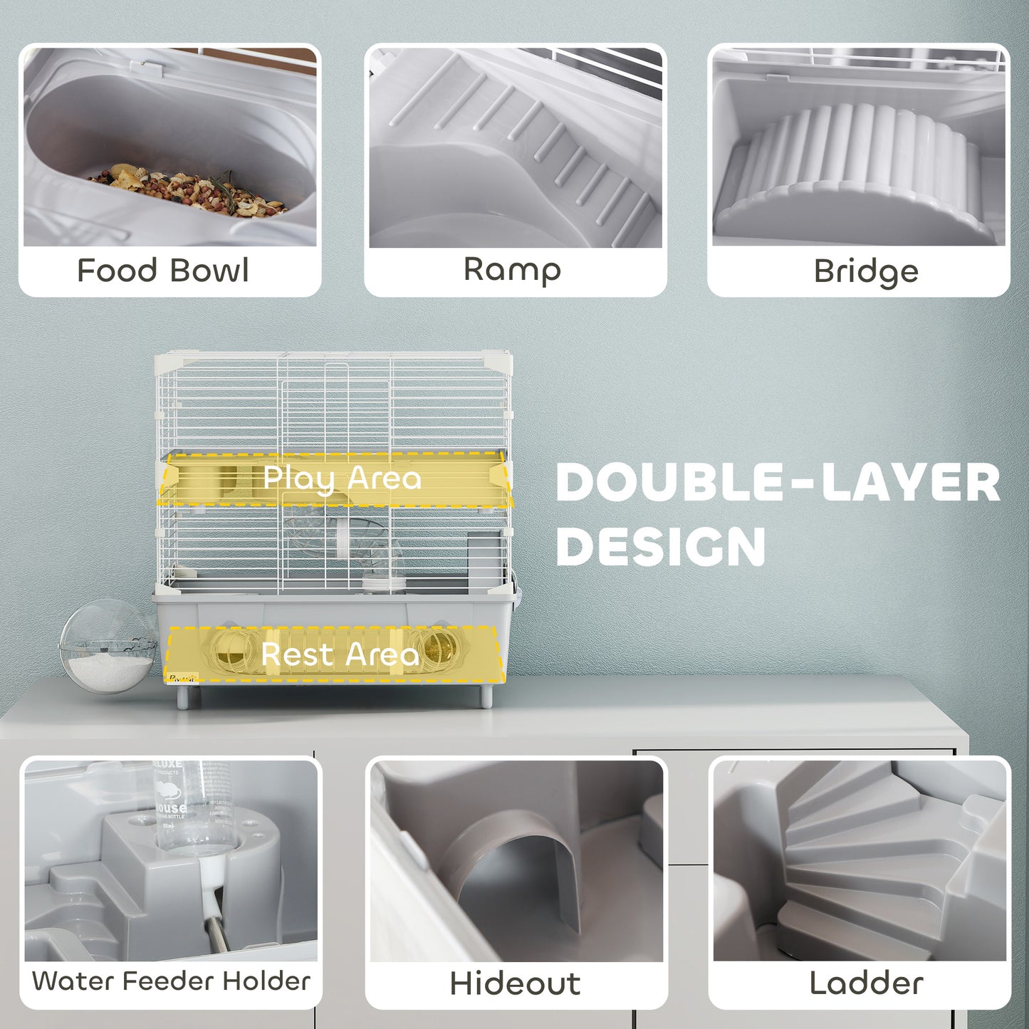 US Local 2-Tier Hamster Cage With Sand Bathroom, Running Wheel, Water Bottle, Tubes, Accessories, For Hamster, Gray