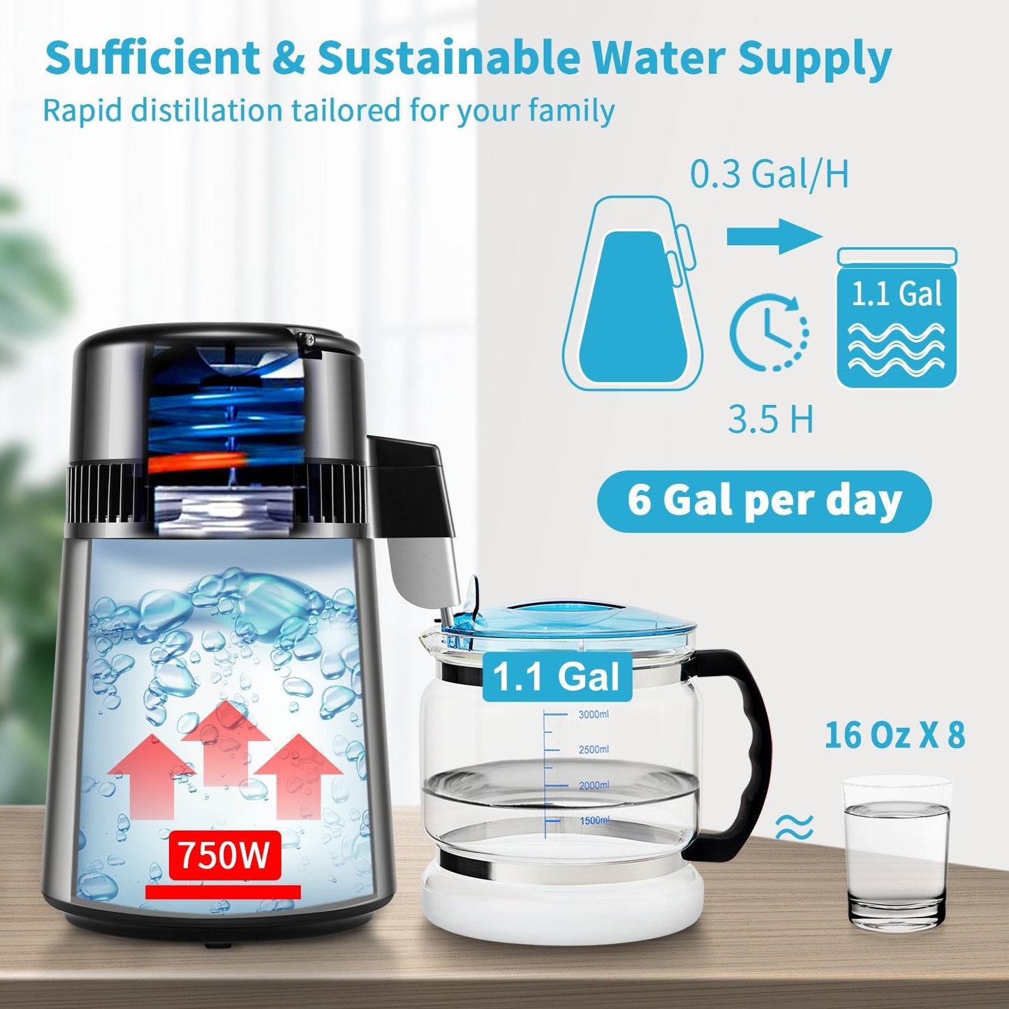 US Local 1.1 Gal Water Distiller, 0.3 Gal H, 750W Distilled Water Maker Machine 0-99H Timing Set Temp Display, 304 Stainless Steel Countertop Distiller Glass Carafe Cleaning Powder 3 Carbon Packs, Silver