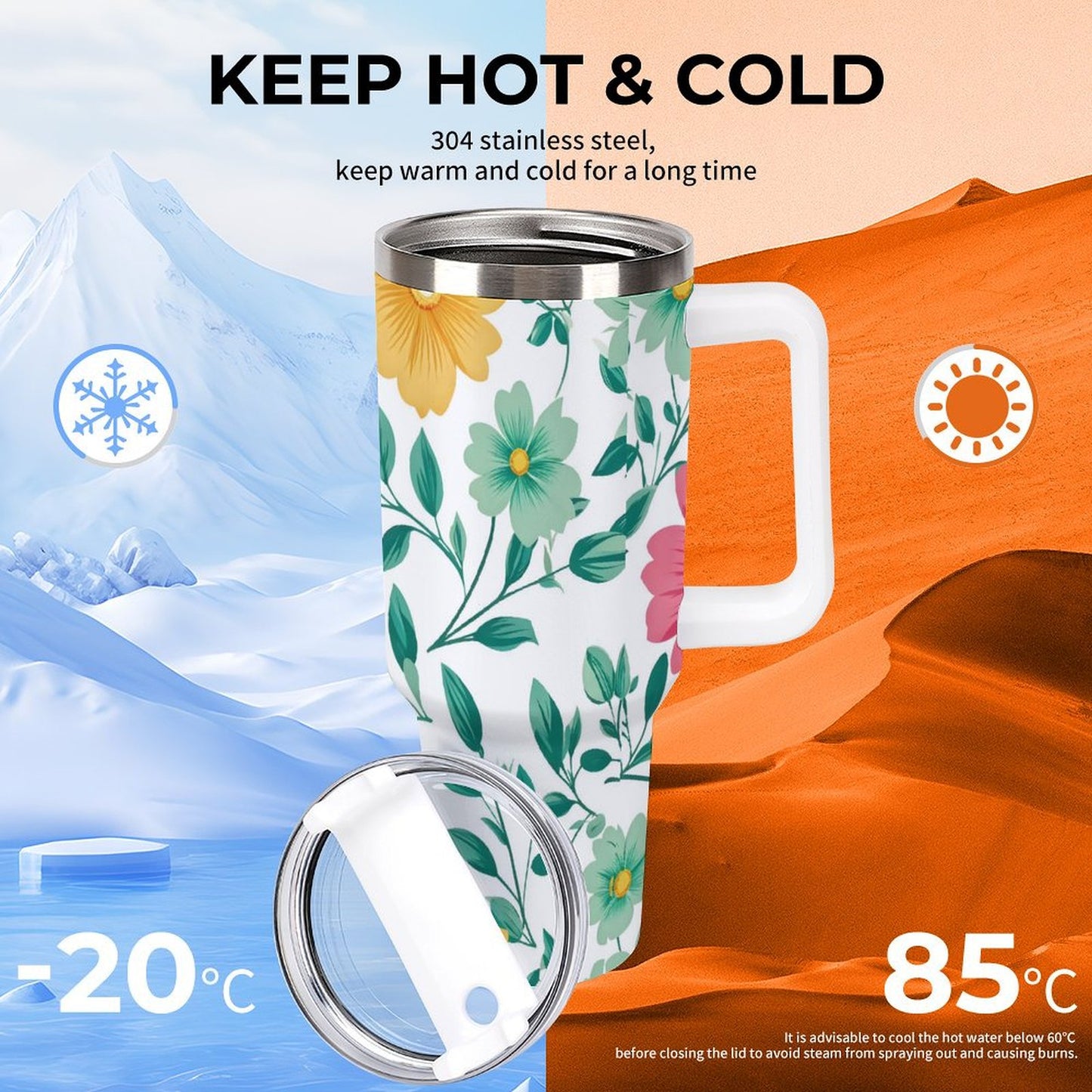 PHDT00372 POD US Local Tumbler 40 oz Large Capacity Car Cup Flowers, Leaves, Spring