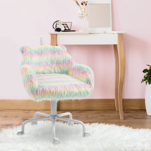 UK Local Vinsetto Unicorn Home Office Chair, Height Adjustable Fluffy Desk Chair With Armrests And Swivel Wheels, Colourful