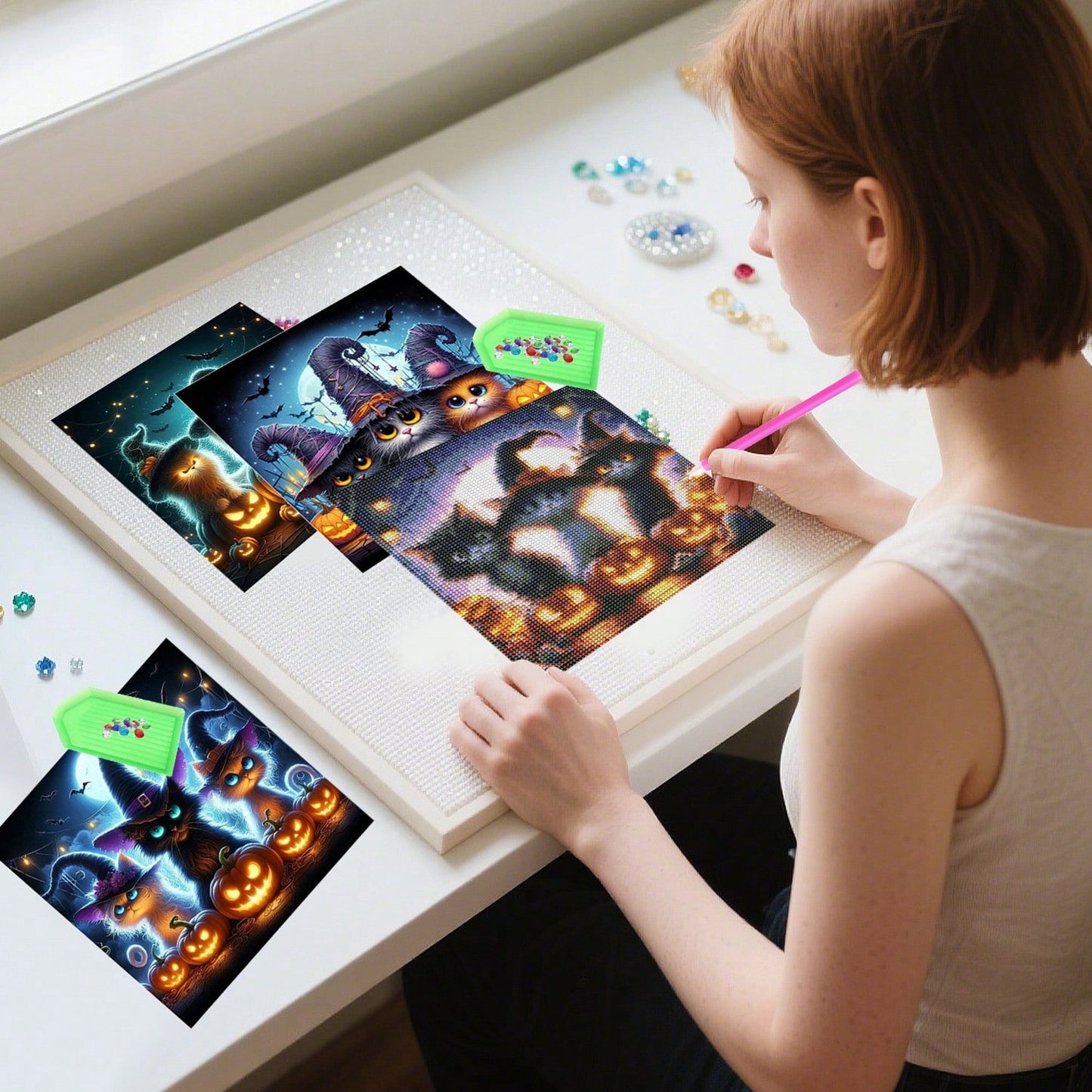 US Local 4-Piece Black Cat Diamond Painting Set, Suitable For Adult Beginners, 12x12 Inch Full Drill DIY Cute Cat Gem Art Painting, Gem Dot Craft - Ideal For Home Wall Decor