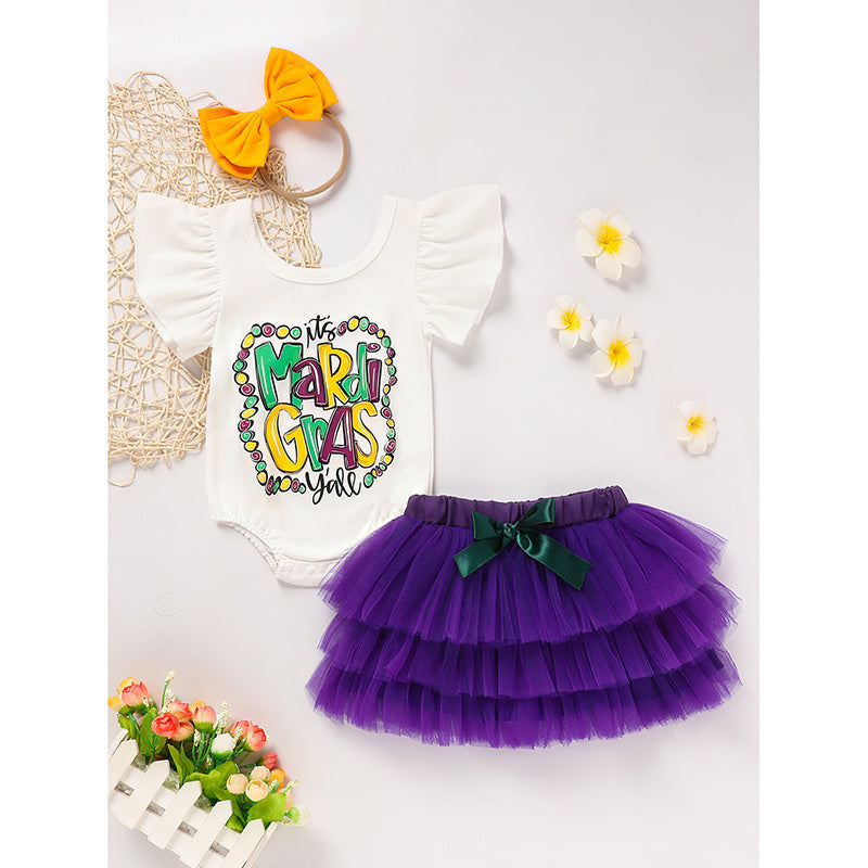 US Local Baby Girls' Mardi Gras Outfit Set Ruffle Sleeve Letter Print Bodysuit, Mesh Tutu Skirt & Hairband