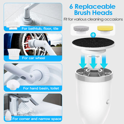US Local 1Set Electric Spin Scrubber Cordless Rechargeable Telescopic Cleaning Brush 6 Replaceable Heads 2 Speed Adjustable Extension Arm Bathroom Tub Tile Floor