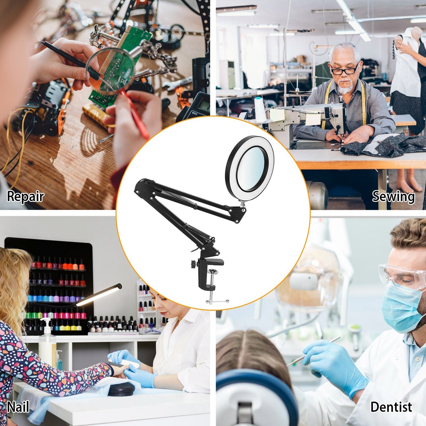 US Local 1Pack 2 In 1 LED Magnifier Desk Lamp 8x Magnifying Glass With Light Swing Arm Desk Table Light USB Reading Lamp With Clamp Stand 10 Brightness 3 Modes