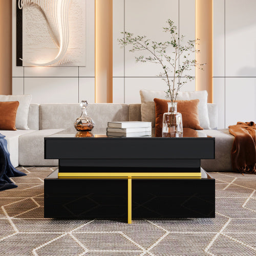 UK Local Coffee Table, High-Gloss Living Room Table, Side Table With Drawers And Gold Accents