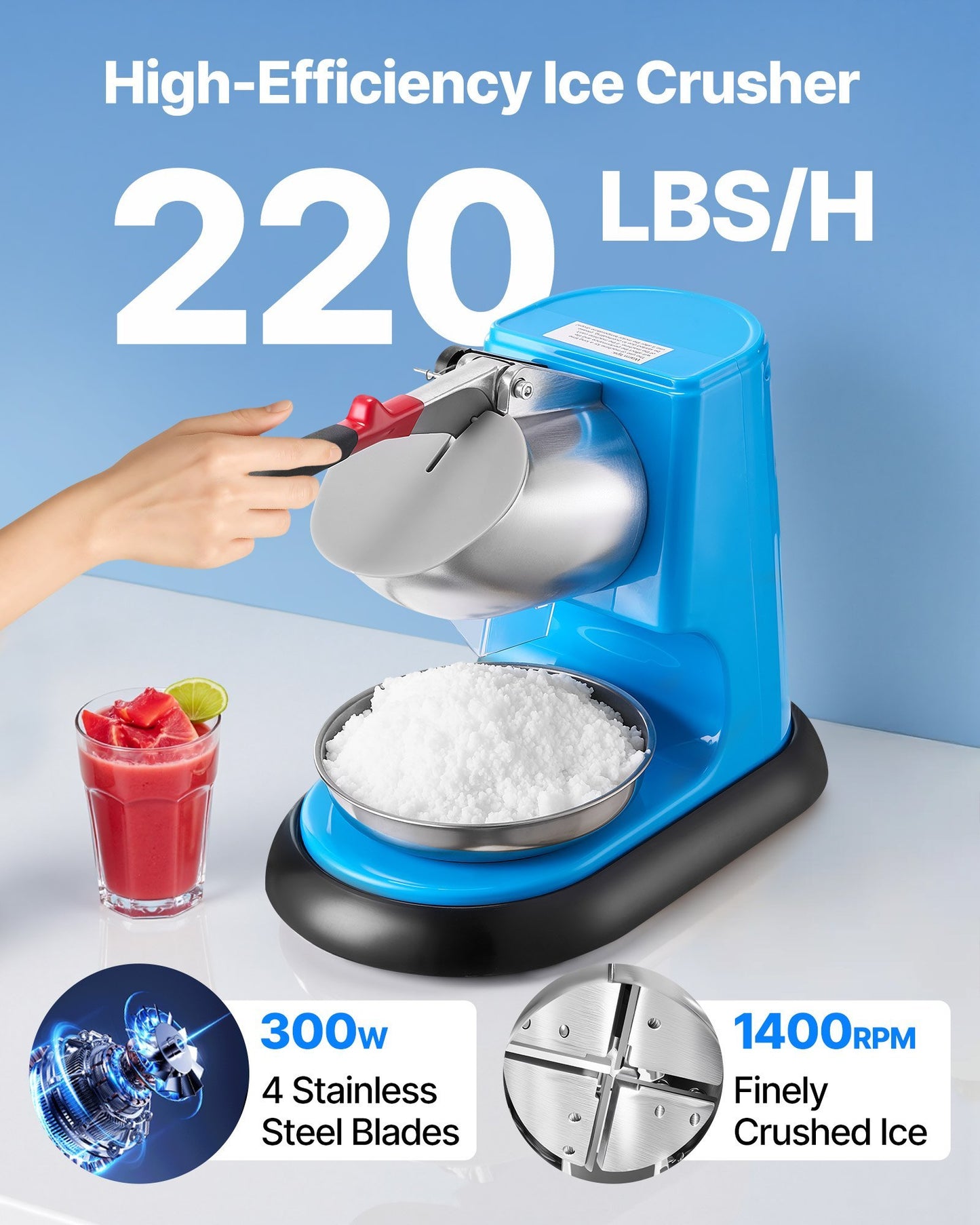 Commercial Ice Crusher 220LBSH Electric Snow Cone Maker Shaved Ice Blue