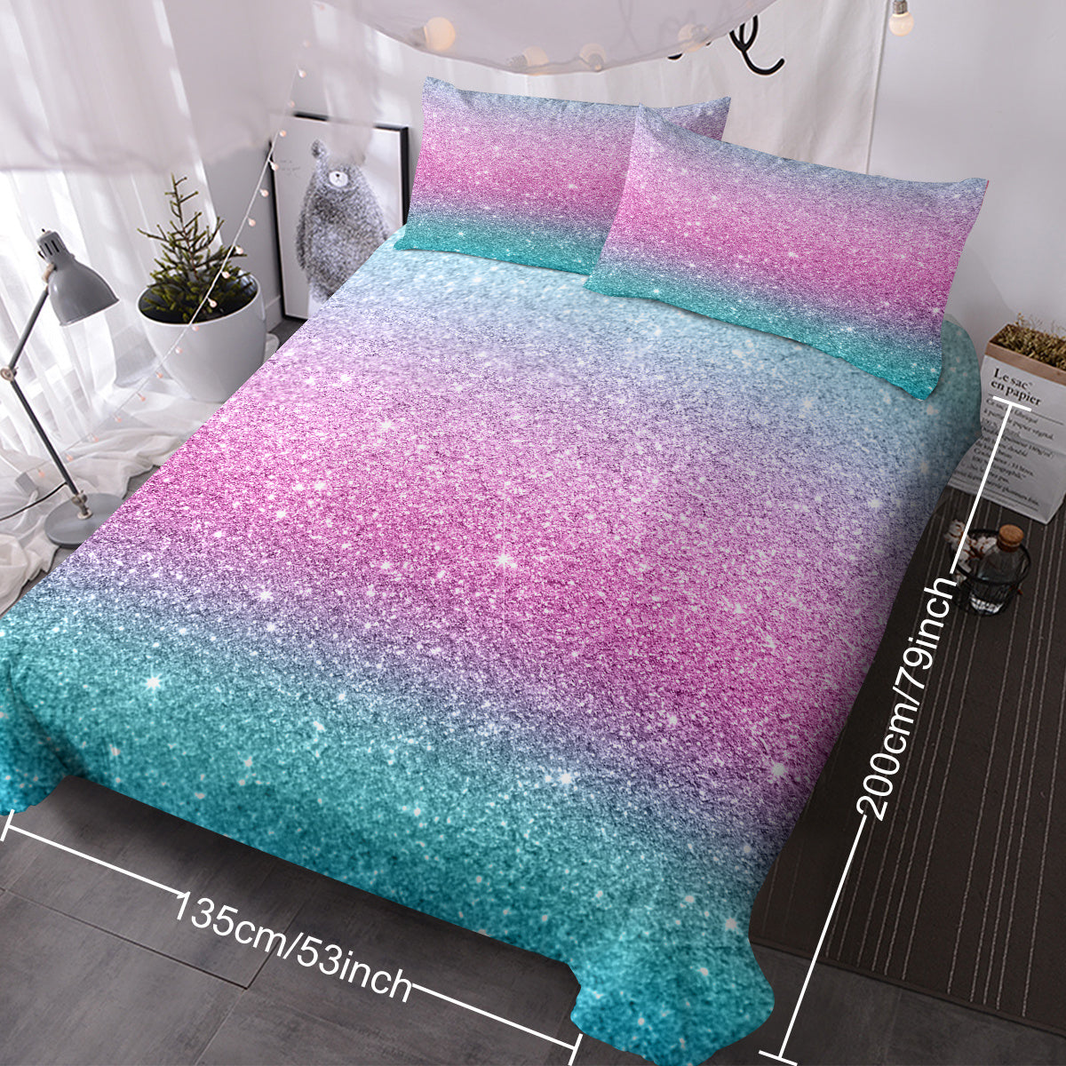 US & UK Local Girly Duvet Cover Rainbow Glitter Ombre Bedding Sets 3 Pcs Chic  Purple Blue Green Pastel Bed Spreads Sparkle Quilt Cover Set With 2 Pillow Shams