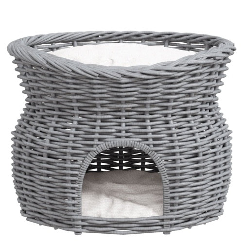 UK Local PawHut 2-Tier Wicker Cat House Elevated Pet Bed Basket Willow Kitten Tower Pet Den. With Washable Cushions 56x37x40cm Grey