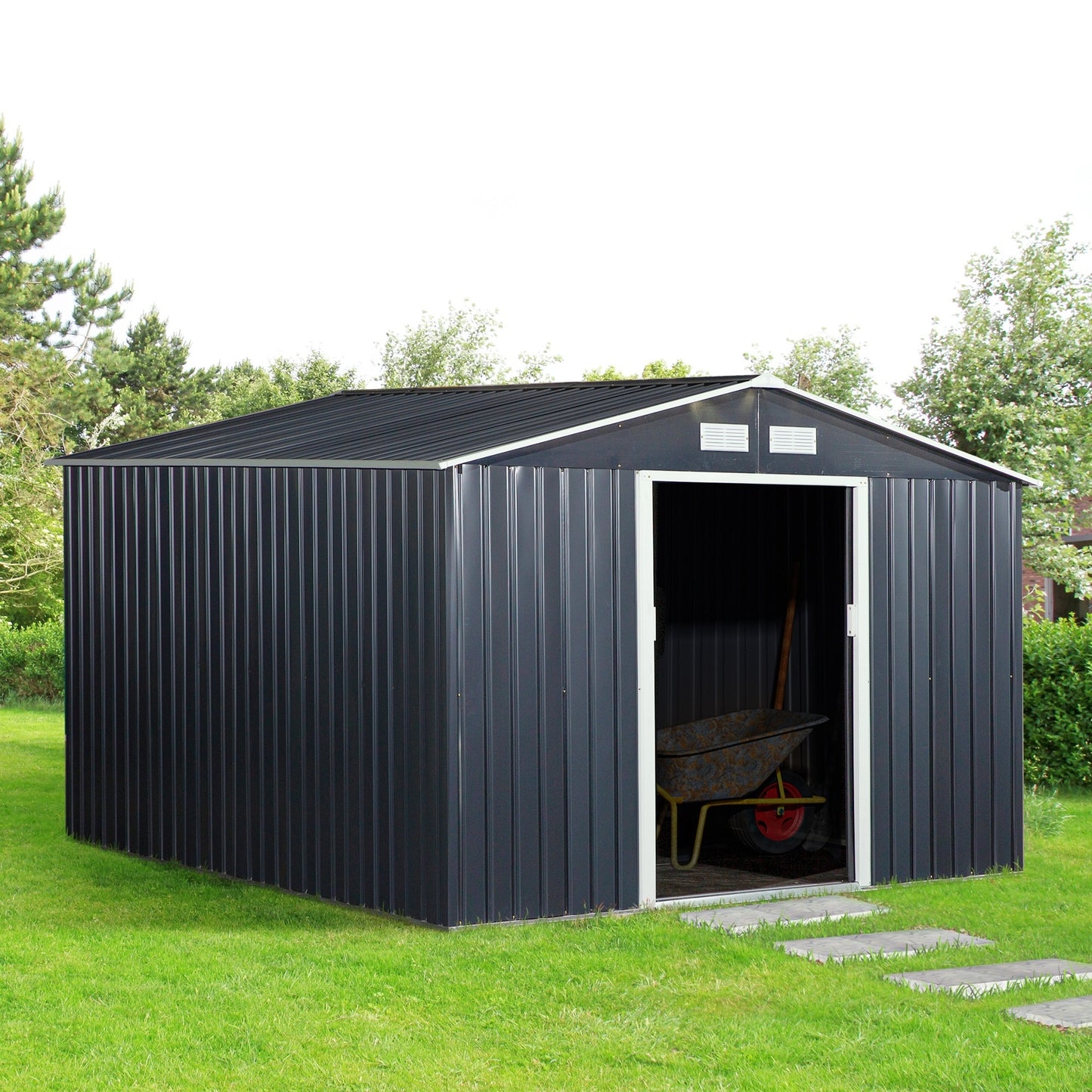 US Local 11' X 9' Metal Storage Shed, Garden Tool House With Double Sliding Doors, 4 Air Vents For Backyard, Patio & Lawn, Dark Gray