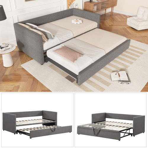 UK Local Upholstered Bed, 3FT Single Bed 90x190cm, Bottom With Bed 90x190cm, Can Be Joined Into A Double Bed, Daybed Sofa Bed, Youth Bed, For Adults  Teenagers, Easy Assembly, Linen, Grey