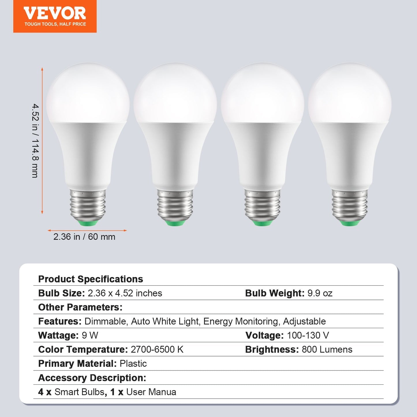 US Local VEVOR Smart Light Bulbs, 4-Pack, 9W Multicolor LED Bulbs, 800 Lumens With Smart Control Compatibility For Vera, Google Assistant, Amazon Alexa, IOS, Android, RGB Color Changing