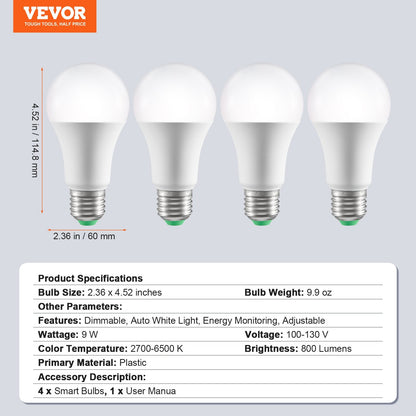US Local VEVOR Smart Light Bulbs, 4-Pack, 9W Multicolor LED Bulbs, 800 Lumens With Smart Control Compatibility For Vera, Google Assistant, Amazon Alexa, IOS, Android, RGB Color Changing
