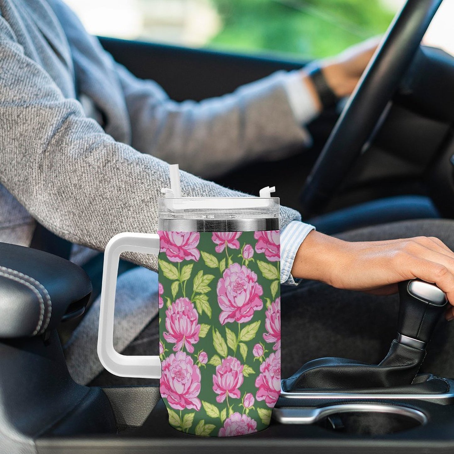 PHDT00430 POD US Local Tumbler 40 oz Large Capacity Car Cup Pink, Peony, Pink Green