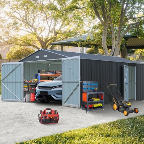 US Local Spacious Outdoor Storage Shed This 13  20FT Outdoor Storage Shed Offers A Generous 250 Square Feet Of Floor Space, Perfect For Storing Trucks, Cars, Large Tools, And Lawn Equipment. With Double Front