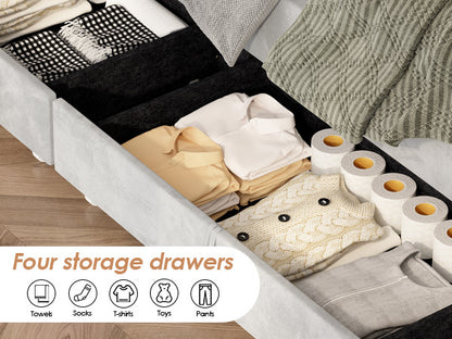 US Local Upholstered Platform Storage Bed Frame With 4 Drawers And LED Light,No Box Spring Needed