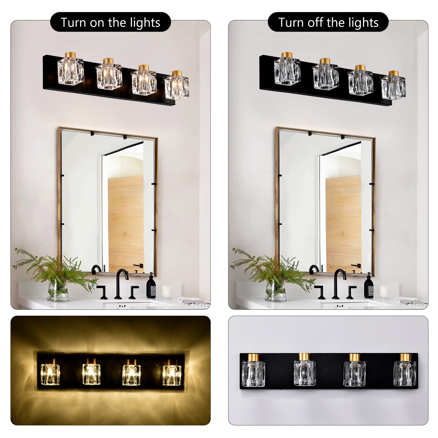 US Local 4-Light Matte Black Gold Bathroom Light Fixtures, Modern Vanity Lights With Crystal Glass Shade, Vintage Light Fixture Bathroom Over Mirror Wall Lights For Kitchen Dinning Room Bedroom Hallway