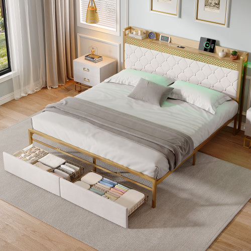 UK Local 4ft6 Double Bed Frame With 2 Storage Drawers, RGB LED Storage Headboard With Charging Station, Velvet Bed Frame, With Chrome Decoration, No Box Spring Needed, Easy Assembly, Beige