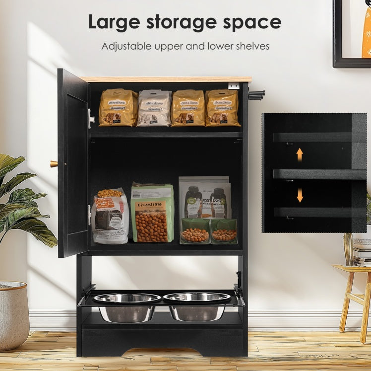 US Local Feeding Station With 1 Locker, Pet Feeding Station With 2 Overhead Dog Bowls, Side Hooks, Anti-Tipping Kit, Concealed Pet Feeding Station For Feeding And Drinking, Black