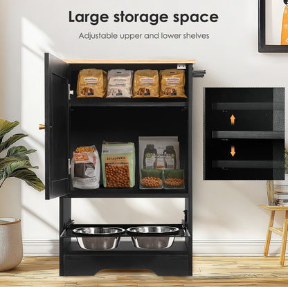 US Local Feeding Station With 1 Locker, Pet Feeding Station With 2 Overhead Dog Bowls, Side Hooks, Anti-Tipping Kit, Concealed Pet Feeding Station For Feeding And Drinking, Black