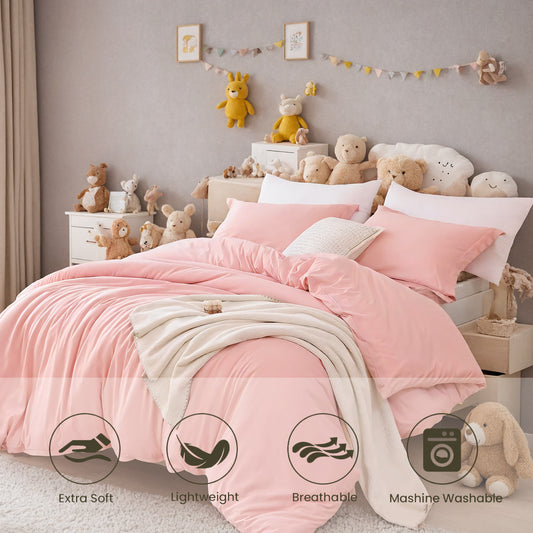 US Local Three-piece Bedding Set With Solid Color Quilt Cover And Pillowcase, Three-piece Bedding Set - Super Soft Microfiber Hotel Series - Brushed Super Soft And Machine Washable, Cute Pink Three-piece Set W