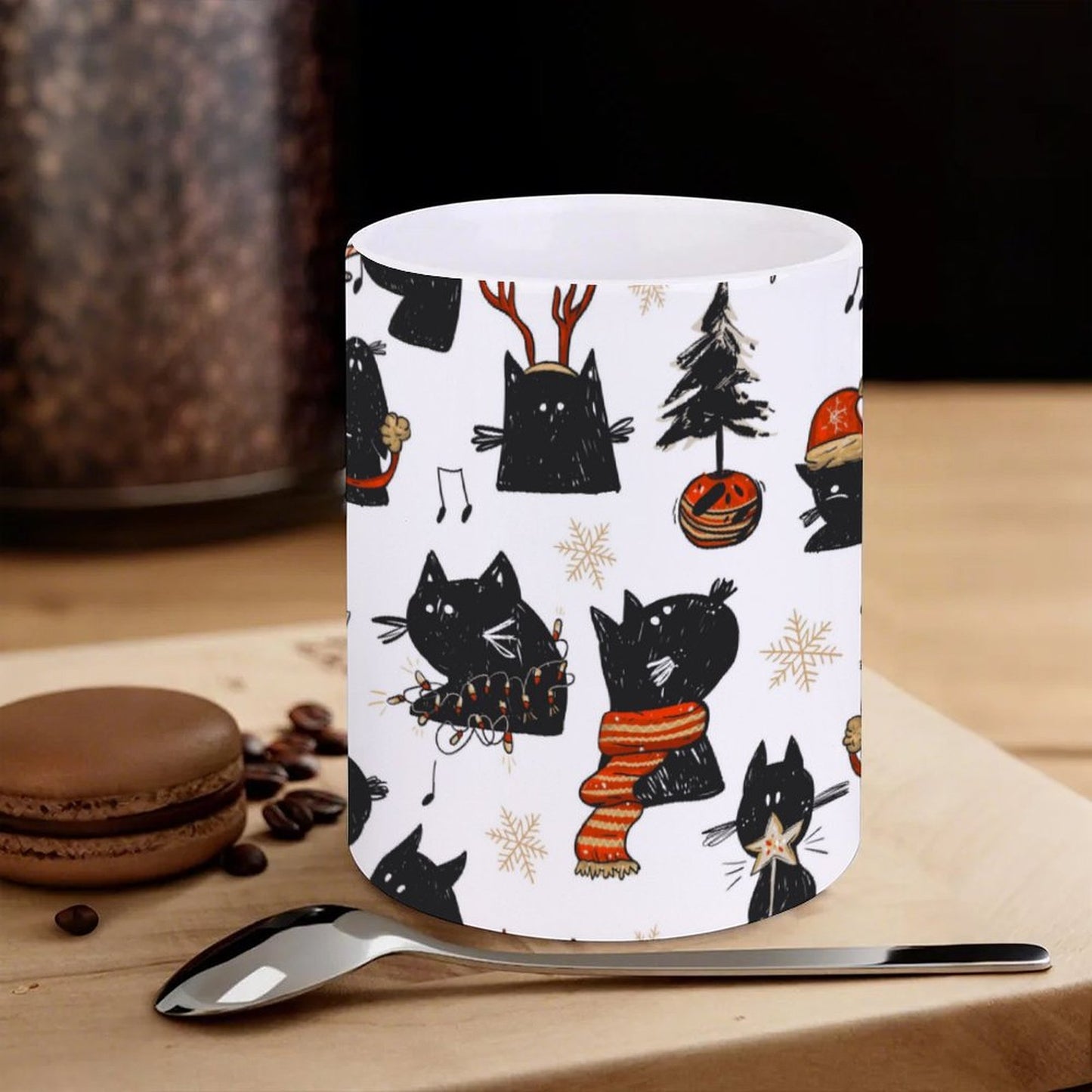 POD US Local White mug with full print, Christmas, Black Cat 0094