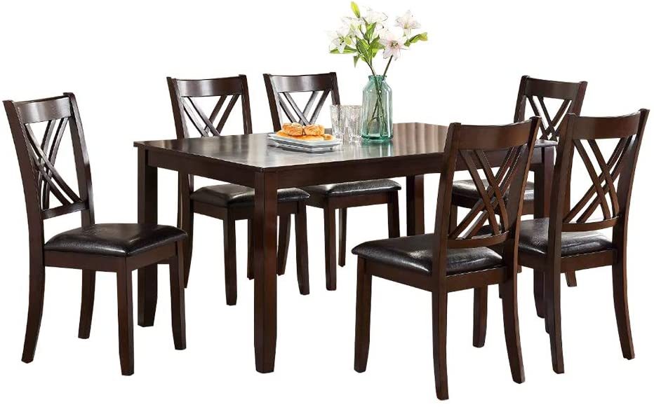 US Local 7pcs Dining Set Dining Table 6 Side Chairs Clean Espresso Finish Cushion Seats X Design Back Chairs