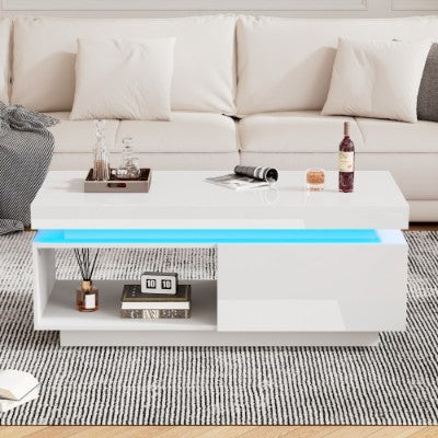 UK Local High Glossy LED Coffee Table With Drawer Storage, Wooden Centre Table With RGB Led Lights Rectangle Tea Table For Living Room Furniture, White Coffee Table With Open Display Shelf