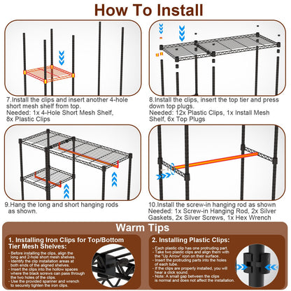 US Local 1Pc 4 Tier Heavy Duty Garment Rack With Wheels Carbon Steel Clothing Rack Portable Wardrobe Clothes Rack With 3 Hanging Rods 6 Footrests 44.9x17.13x77.95in