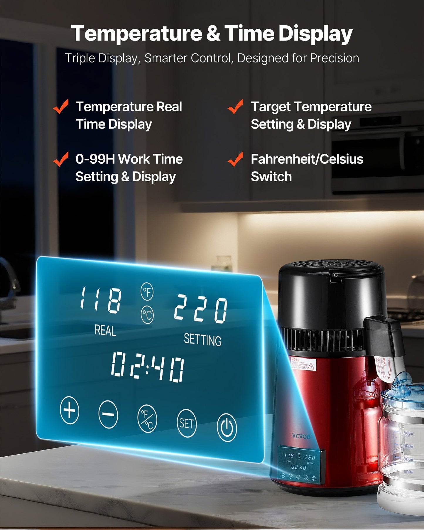 US Local 4L Water Distiller Home Countertop Purifier Machine 1750W Stainless Steel Glass