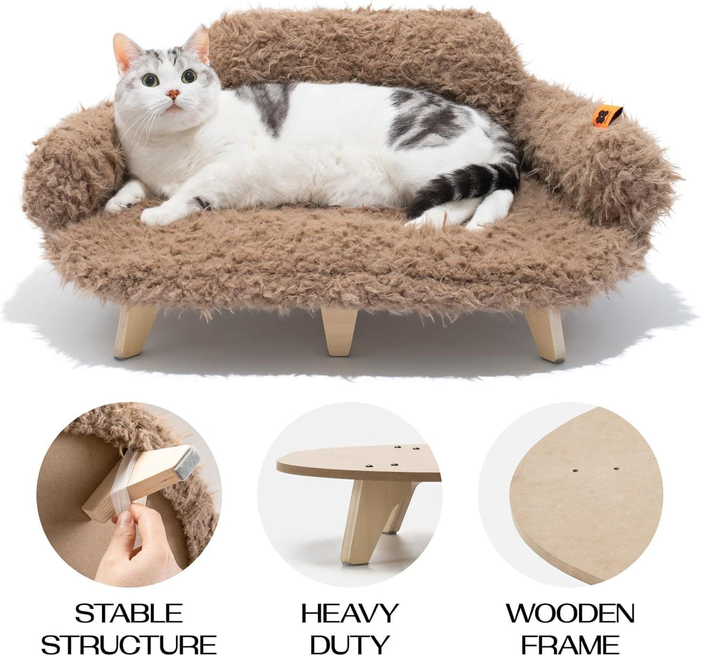 MEWOOFUN Elevated Cat Bed With Washable Cover - 26x18.3x8.5 Inch Wooden Pet Sofa For Cats & Small Medium Dogs, Modern Pet Furniture Brown