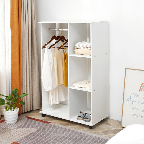 UK Local HOMCOM Open Wardrobe On Wheels, Bedroom Wardrobe With Clothes Hanging Rail, 3 Storage Shelves, Mobile Garment Rack For Cloakroom, Hallway, White