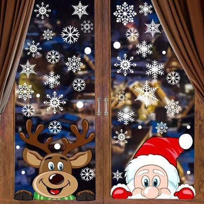 US Local 4 Sheets Christmas Window Clings Snowflake Snowman Moose Elk Pattern Window Decals Reusable Static Stickers For Christmas Holiday Birthday Home Decoration