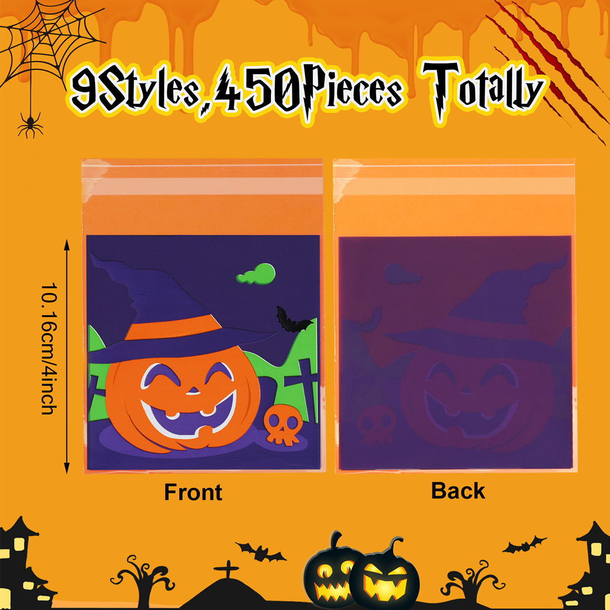 US Local 450 Pcs Halloween Cellophane Treat Bags Self-sealing Clear Candy Cookie Bags Pumpkin Ghost Black Cat Skull Trick Or Treat Bags For Halloween Birthday Trick Or Treat Party Favors Supplies