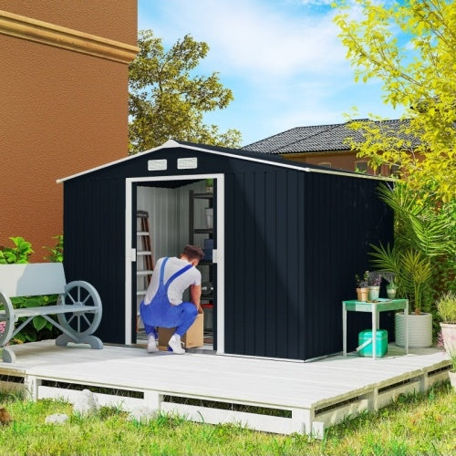 UK Local Outsunny 9 X 6ft Metal Bicycle Shed, Outdoor Storage Tool House With Ventilation Slots, Foundation Kit And Lockable Double Doors, Dark Grey