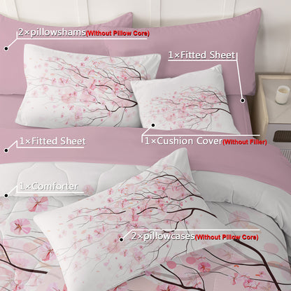 US Local Cherry Blossom Pattern Comforter Set 8PCS Twin Size Soft Bedding Set,1 Comforter,1 Pilow Cover,1 Flat Sheet,1 Fitted Sheet,4 Cushion Cover
