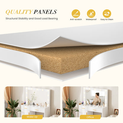 US Local Mirror And Lights, Makeup Vanity Table With Charging Station , 2 Drawers & Large Cabinet, 3 Lighting Color Adjustable, Dressing Table