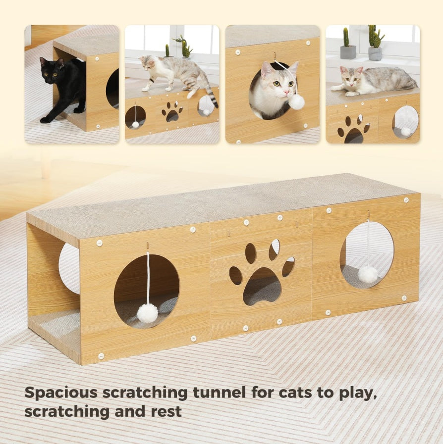 US Local MUlti-Hole Fun Cat Tunnel With Scratching Board And Game Pom Pom Cat Tunnel House, Interactive Cat Scratching House, Self-improvement Drilling Hole Teaser, Must-have For Multi-Cat Families