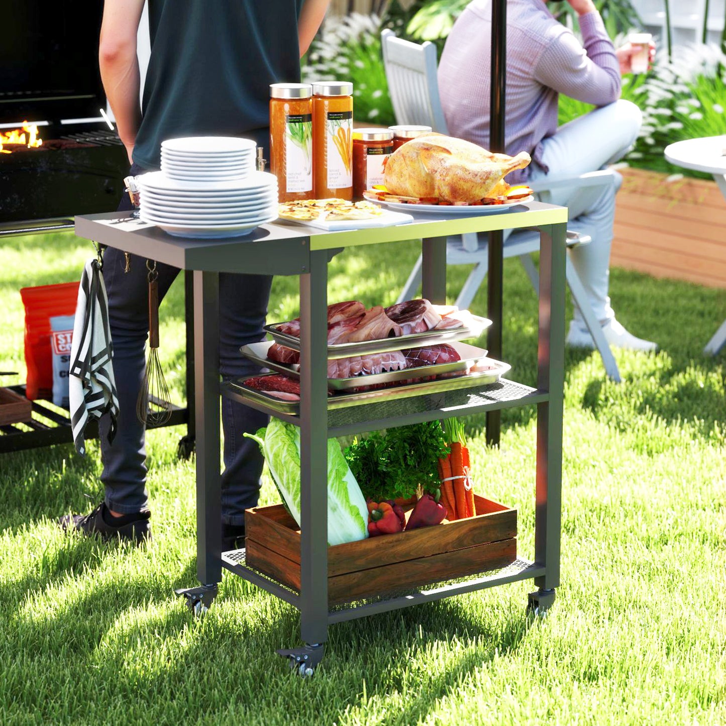 US Local Three-Shelf Outdoor Grill Cart Table With Foldable Side Table, Stainless Steel Top Pizza Oven Stand With Hooks, Silver