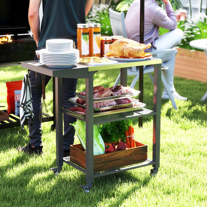 US Local Three-Shelf Outdoor Grill Cart Table With Foldable Side Table, Stainless Steel Top Pizza Oven Stand With Hooks, Silver