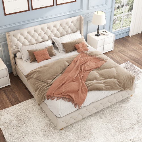 UK Local Upholstered Bed,Double Bed-4ft6 135x190cm ,With Slatted Frame And Headboard, Button Upholstery, Rivet Upholstery, Wooden Legs, Linen, Beige