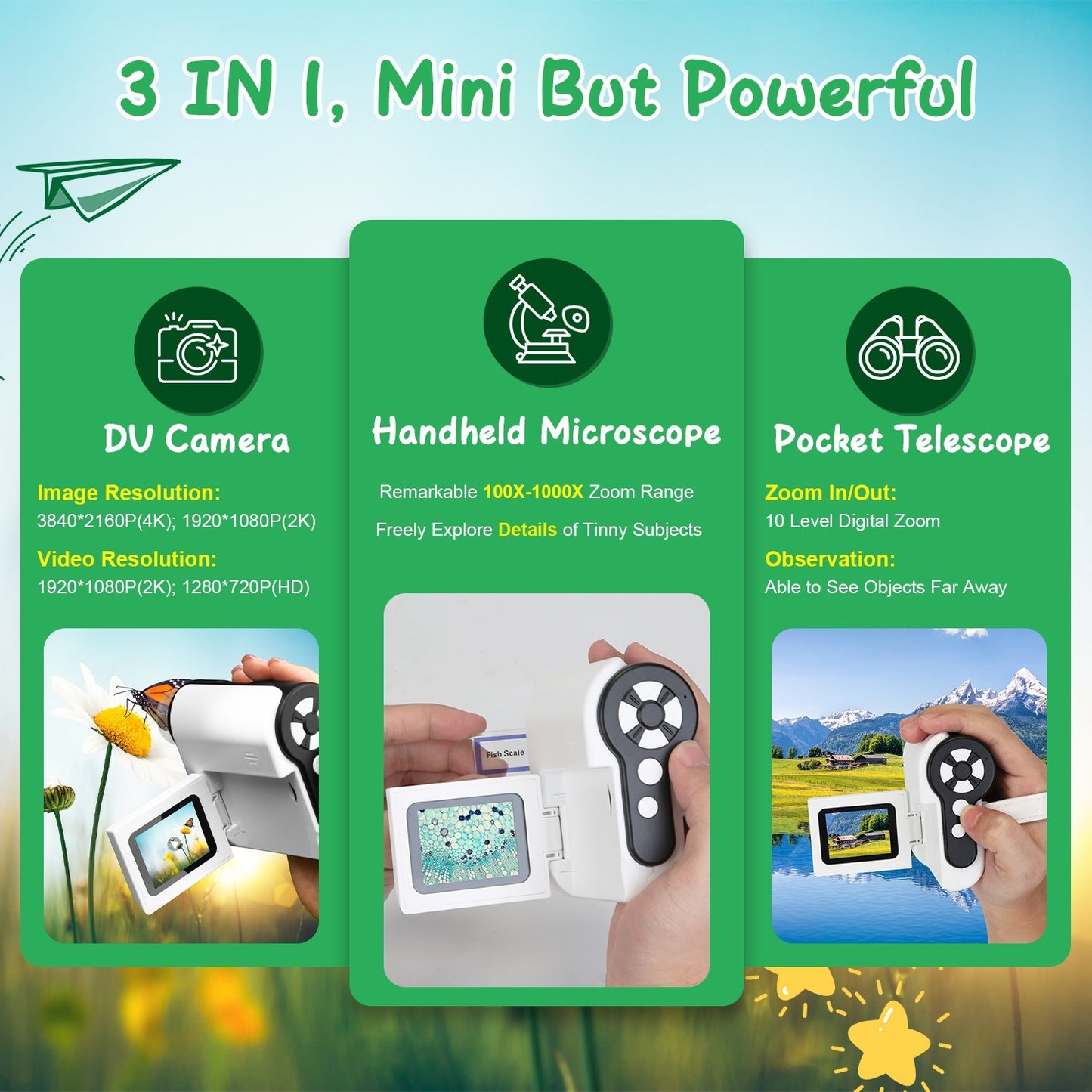 US Local 1Pc 3 In 1 Kids Microscope Telescope Camera 1,000X Handheld USB Mini Microscope With LED Light 6 Sample Slides 32G MMC Card For Boys Girls Aged 6 Years Old