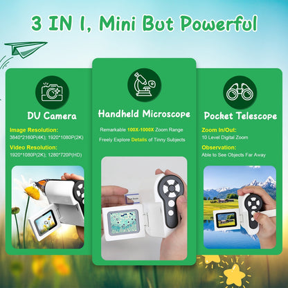 US Local 1Pc 3 In 1 Kids Microscope Telescope Camera 1,000X Handheld USB Mini Microscope With LED Light 6 Sample Slides 32G MMC Card For Boys Girls Aged 6 Years Old