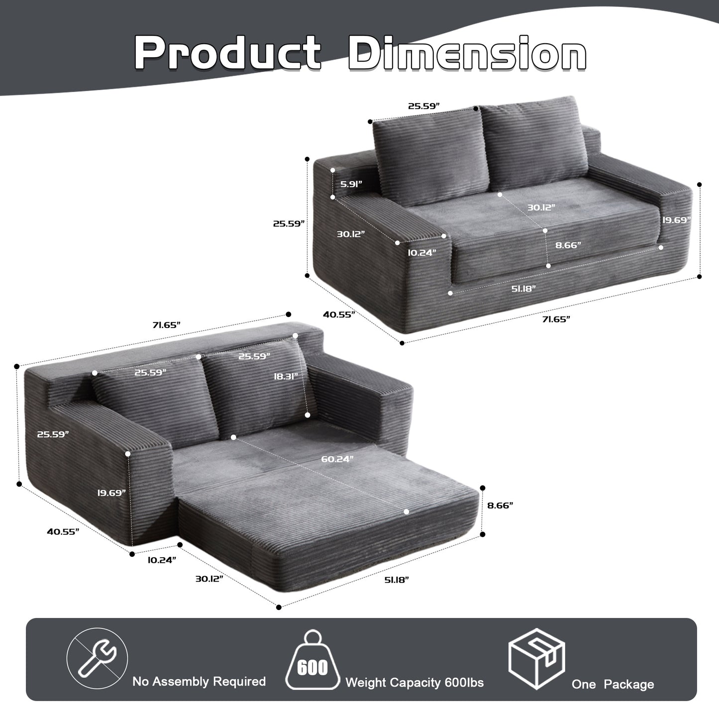 US Local Loveseat Sofa, Comfortable Deep Seat Sofa Bed, Modern Small Corduroy Couch For Living Room Bedroom,Reversible Cushion With Pillows,No Assembly Required,Dark-grey