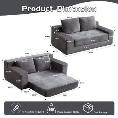 US Local Loveseat Sofa, Comfortable Deep Seat Sofa Bed, Modern Small Corduroy Couch For Living Room Bedroom,Reversible Cushion With Pillows,No Assembly Required,Dark-grey