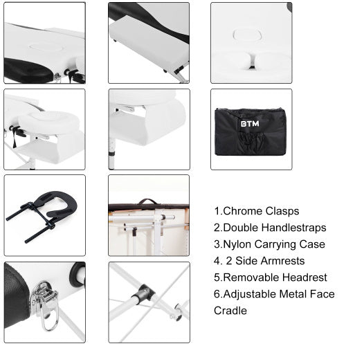 UK Local Massage Table Couch Bed Aluminium Tattoo Spa Reiki Portable Folded 3 Section With Premium PU Leather And 5 Cm High Density Multi-Layer Foam Headrest Arm Support And Carrying Bag