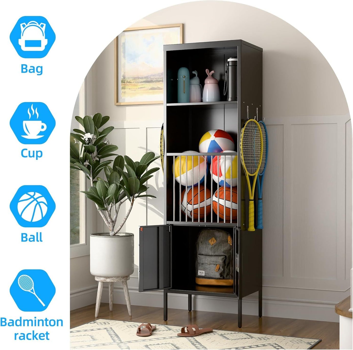 US Local Metal Sports Fence Locker Is Suitable For School,Storage Locker With Hooks & Lock Door,Storage Sports Equipment For Gym, Ball Park,Stadium,Garage,Assembly Required,Black