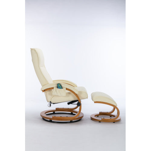 UK Local PU Upholstered Massage Recliner With Ottoman Footstool, 5 Points Massager, Bentwood Base For Living Room Bedroom, Beige