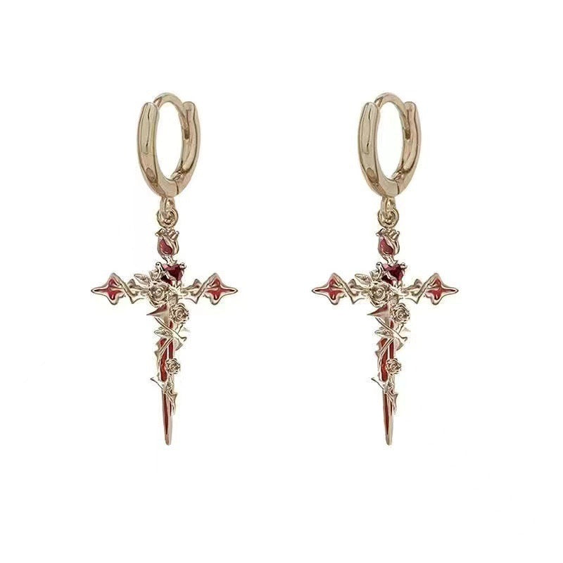 Halloween Cross Thorn Rose Pendant Earrings