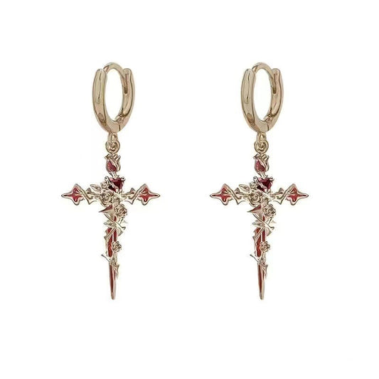 Halloween Cross Thorn Rose Pendant Earrings