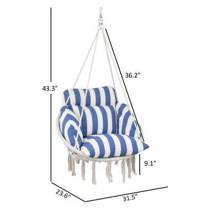 US Local Hammock Swing Chair, Hanging Chair With Large Cushion, Chain, Steel Frame For Indoor Outdoor Use, Blue And White